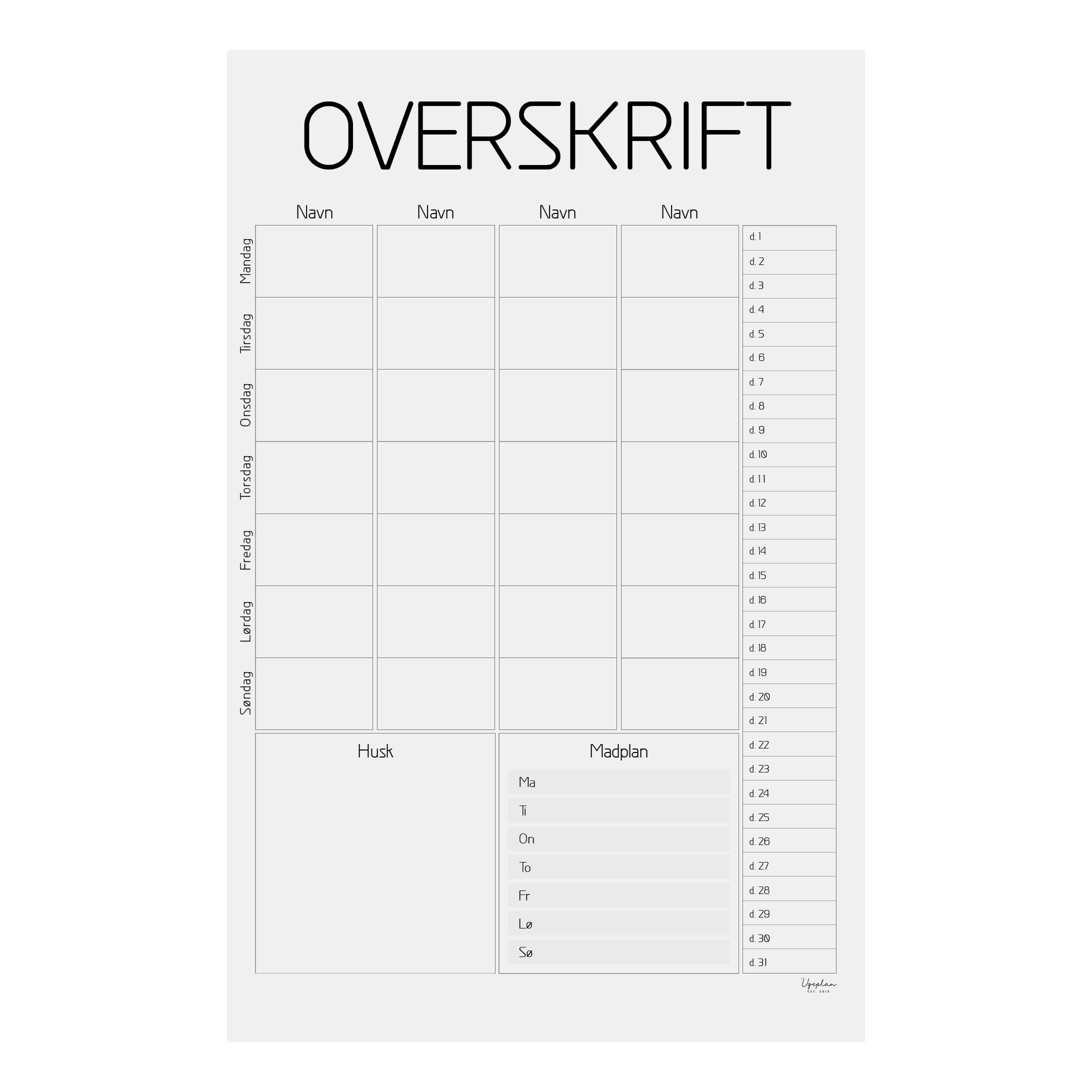Veckoplan för kylskåpet, Modern 2 med månad