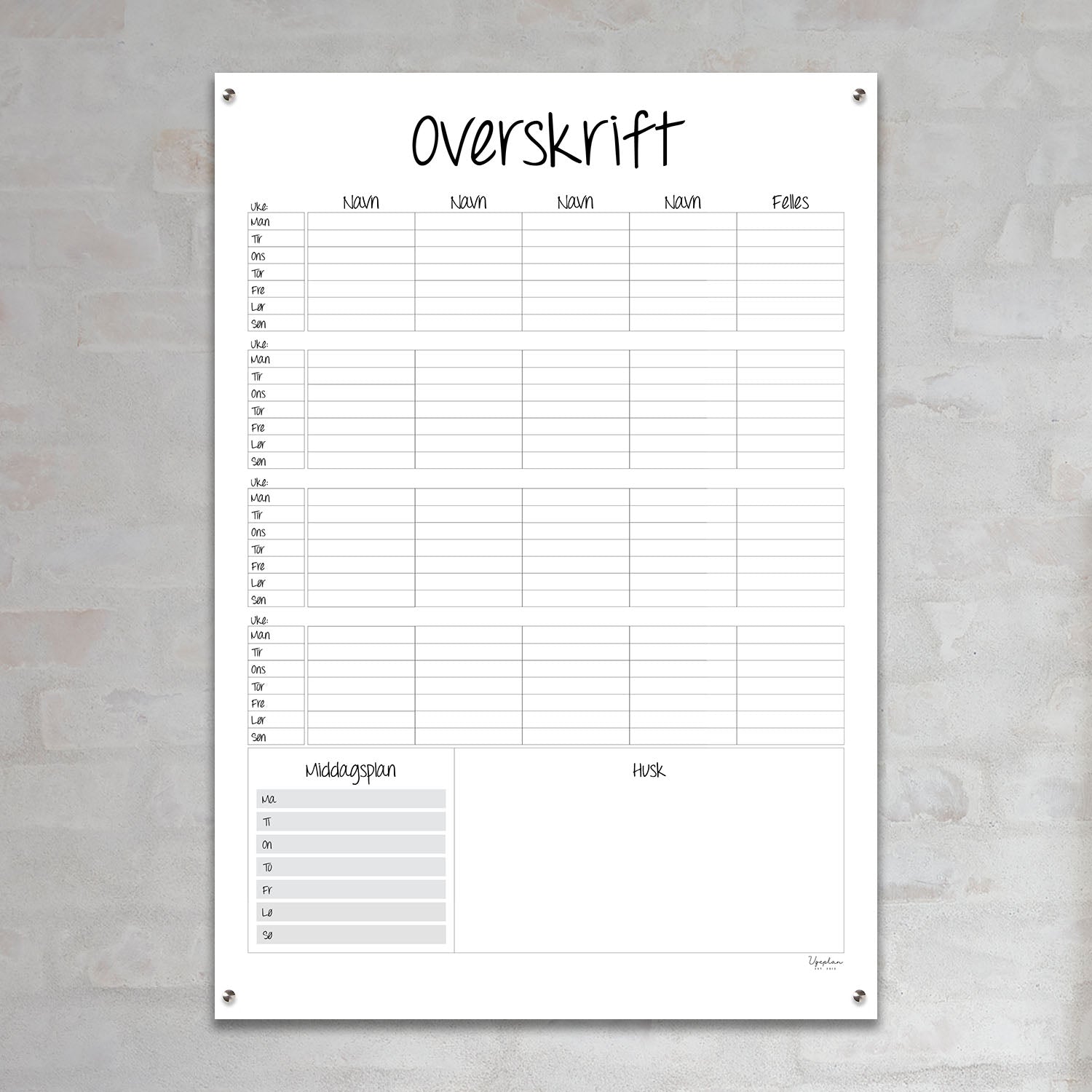 Månedsplan, 4 Uger Stående